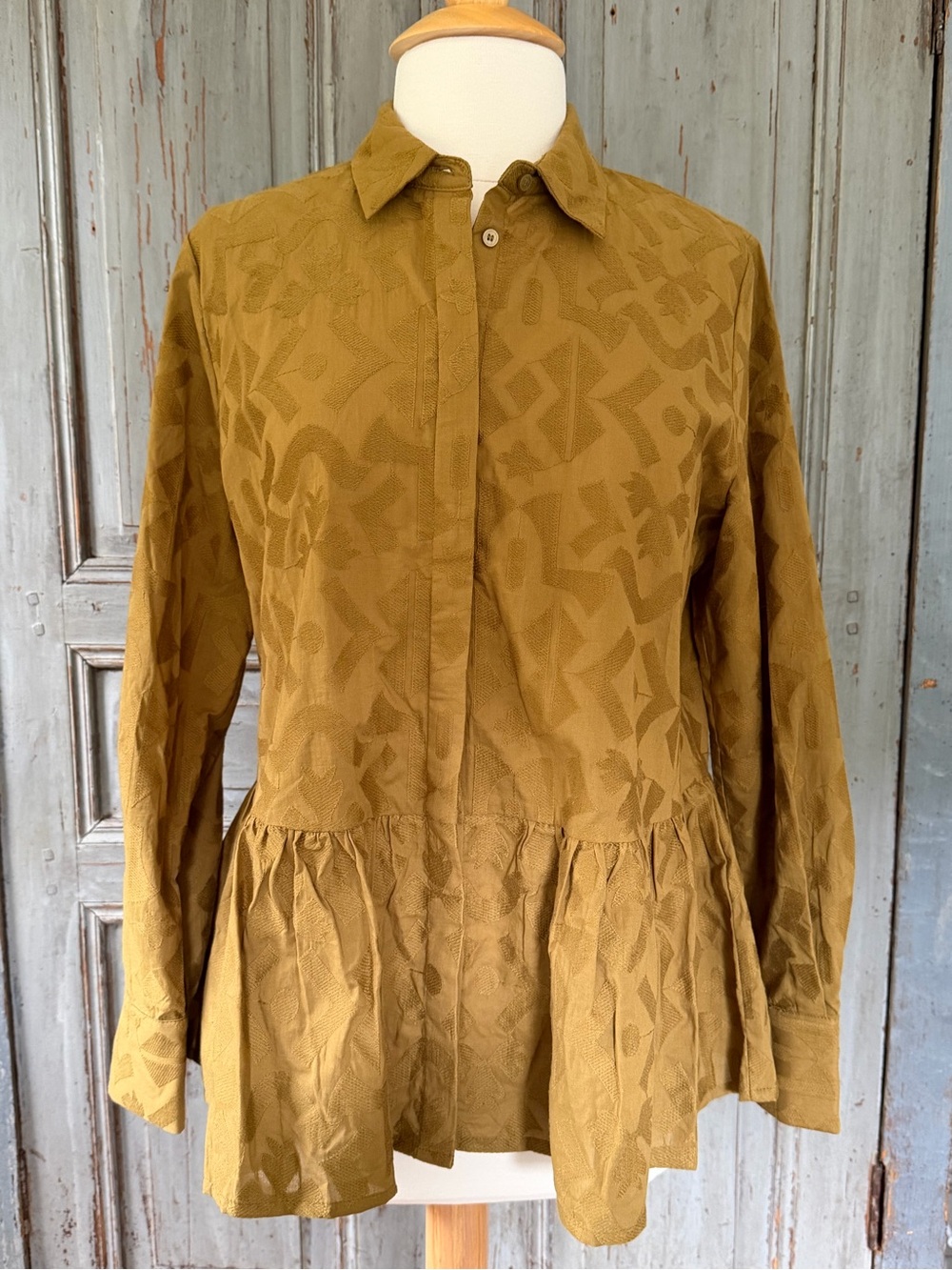 Masai Copenhagen Textured Peplum Button-Up Shirt in mustard Large